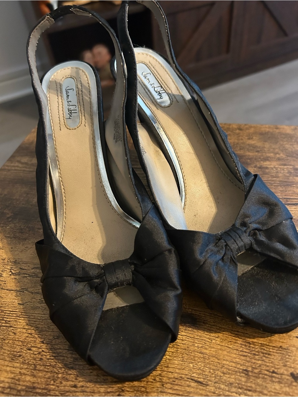 Sam & Libby Black Satin Open-Toe Slingback Heels 7 1/2